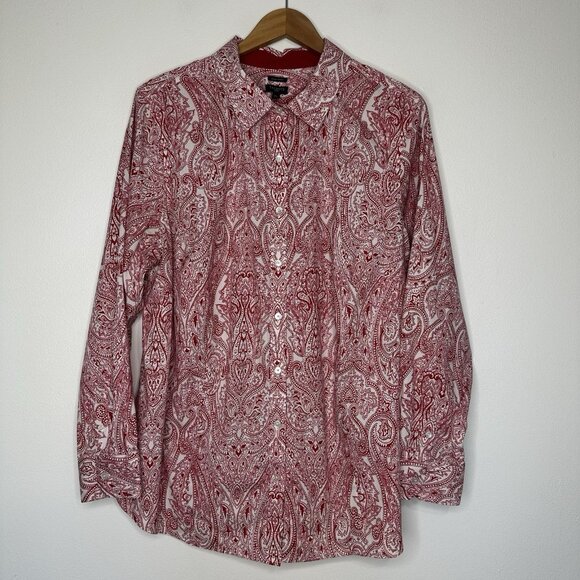 Talbots Button Up Shirt Red White Paisley Wrinkle Resistant Stretch 20W - Picture 1 of 9